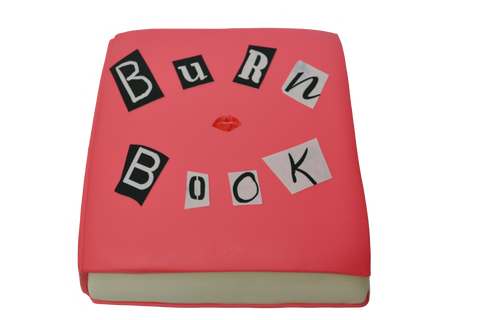 burn book cake. pink book cake. book cake. sugar street boutique. toronto cakes. mean girls cake. mean girls movie cake.