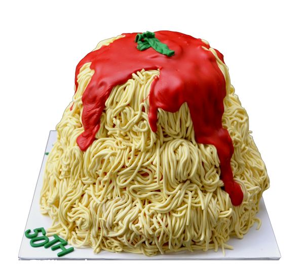 spaghetti with tomato sauce cake, chocolate cake decorated with spaghetti fondant, birthday cake by sugar street boutique toronto cakes.