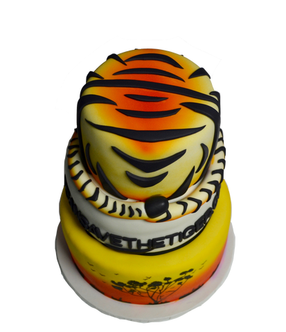 3 tier tiger cake with african sunset for we can see the tiger by Sugar Street Boutique