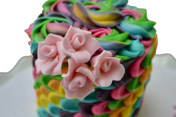 colourful rainbow with rosettes carrot cake perfect for mothers day or any occasion decorated with edible fondant pink roses by Sugar Street Boutique Toronto