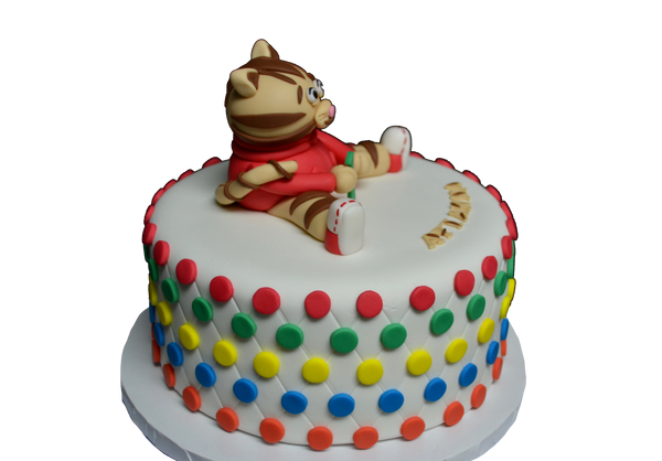 Daniel the tiger cake for a 1st birthday party, vanilla flavoured and fondant covered with edible daniel the tiger by Sugar Street Boutique 