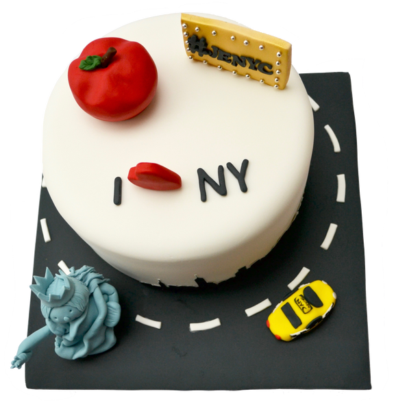 I love New york cake i love NYC with edible statue of liberty, edible yellow taxi and an edible big apple by sugar street boutique toronto