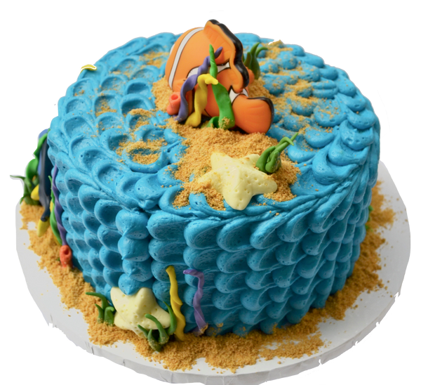 Finding Nemo Chocolate Cake with blue icing, orange demo for a 1 year old finding memo birthday party by Sugar Street Boutique Cakes Toronto