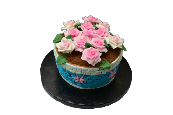 mosaic tile flower pot cake. broken flower pot cake. edible roses. roses cake. floral pot cake. sugar street boutique toronto
