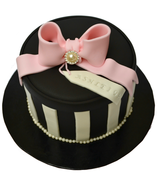 Gift Box Cake. Black and white box cake with pink bow. chocolate cake. Toronto Cakes. Sugar Street Boutique.