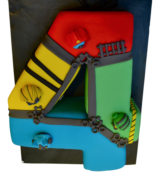 rescue bots transformers cake shaped in the number 4 cake, made of vanilla with dulce de leche by Sugar Street Boutique Toronto Cakes.