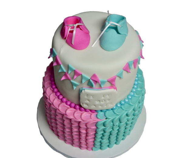 2 tier gender reveal cake with baby booties. is it a boy or a girl cake? Sugar Street Boutique, Toronto