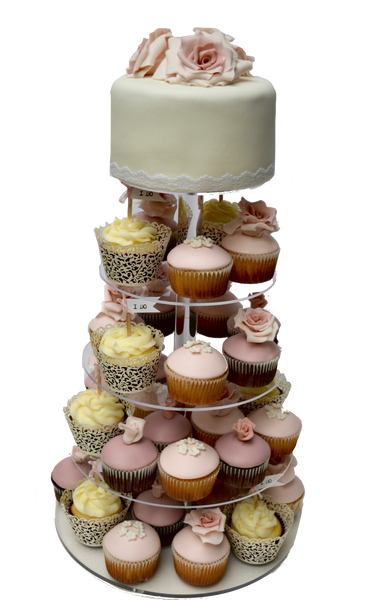 wedding cupcake tower with edible roses and pale pink, rose colours and white by sugar street boutique toronto 