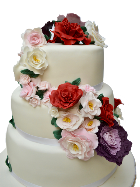 WRAPAROUND FLOWERS ON 3 TIER WEDDING CAKE. PEONIES WEDDING CAKE. ROSES CAKE. 3 TIER CAKE. TORONTO WEDDING CAKES. SUGAR STREET BOUTIQUE TORONTO. VINEYARD WEDDING CAKE. RED PINK AND PURPLE CAKE. FLOWERS CAKE. 