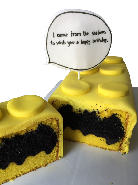 Lego cake with batman shape on the inside cake made of chocolate and vanilla and covered in fondant by Sugar Street Boutique