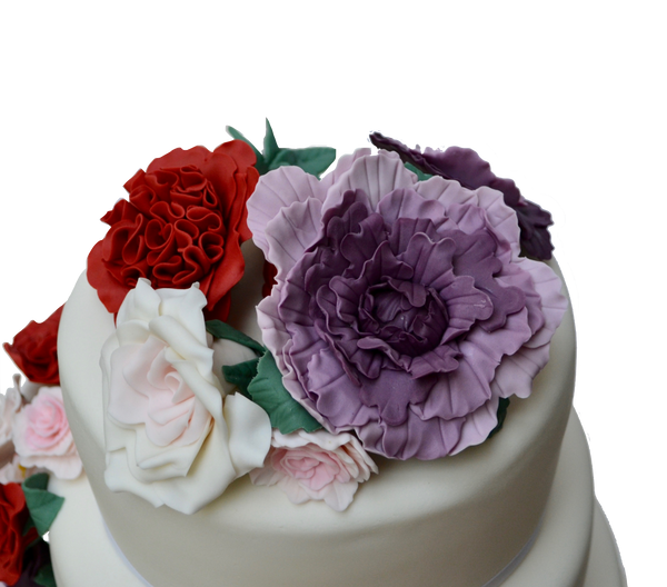 WRAPAROUND FLOWERS ON 3 TIER WEDDING CAKE. PEONIES WEDDING CAKE. ROSES CAKE. 3 TIER CAKE. TORONTO WEDDING CAKES. SUGAR STREET BOUTIQUE TORONTO. VINEYARD WEDDING CAKE. RED PINK AND PURPLE CAKE. FLOWERS CAKE. 