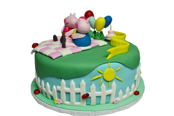 Peppa Pig birthday cake, chocolate on chocolate and fondant covered with edible peppa pig decorations with balloons, cake, fence, lady bugs & edible blanket by Sugar Street Boutique 