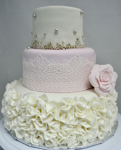 3 Tier Wedding Cake decorated with edible lace, silver pearls & ruffles, covered with fondant by Sugar Street Boutique Toronto