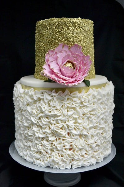 gold sequin and ruffles two tier wedding cake by Sugar Street Boutique Toronto