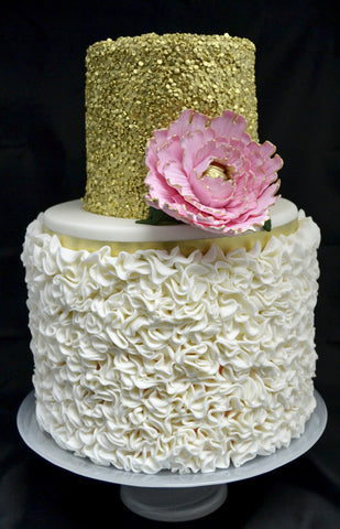 gold sequin and ruffles two tier wedding cake by Sugar Street Boutique Toronto
