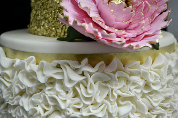 gold sequin and ruffles two tier wedding cake by Sugar Street Boutique Toronto