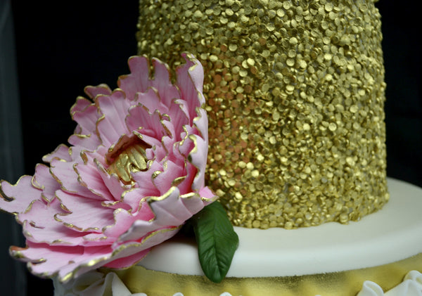 gold sequin and ruffles two tier wedding cake by Sugar Street Boutique Toronto