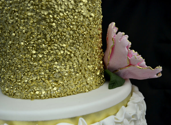 gold sequin and ruffles two tier wedding cake by Sugar Street Boutique Toronto