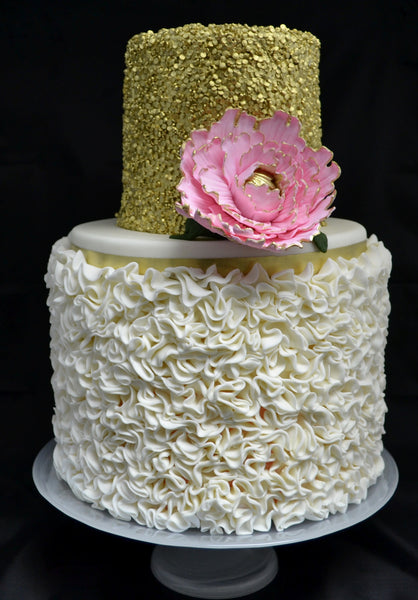 gold sequin and ruffles two tier wedding cake by Sugar Street Boutique Toronto