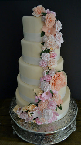 5 Tier Wedding Floral drapping Cake with soft pink and peach colors made by Sugar Street Boutique Toronto