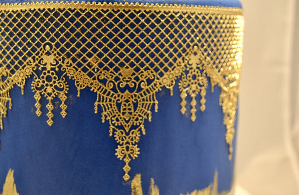 Royal blue and gold edible lace fondant cake by Sugar Street Boutique Toronto.