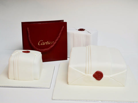Cartier, red seal, white box chocolate cake covered in fondant made by Sugar Street Boutique, Toronto.