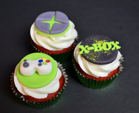 red velvet and cream cheese icing, xbox cupcakes by Sugar Street Boutique