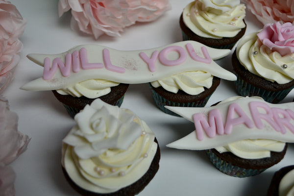 Proposal cupcakes, engagement cupcakes with edible roses and will you marry me banner by Sugar Street Boutique 