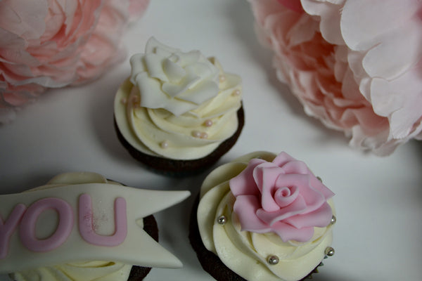 Proposal cupcakes, engagement cupcakes with edible roses and will you marry me banner by Sugar Street Boutique 