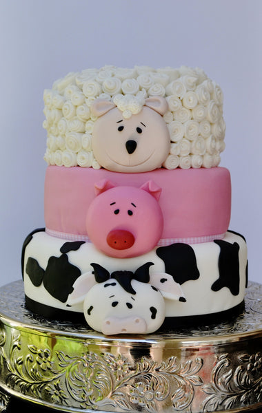 farm animals 3 tier cake with a sheep tier, cow tier and a pig tier, kids birthday cake by sugar street boutique toronto