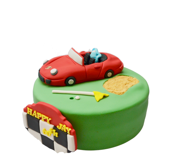 golf cake with a fondant red porsche and an edible golf sand trap by sugar street boutique toronto cakes